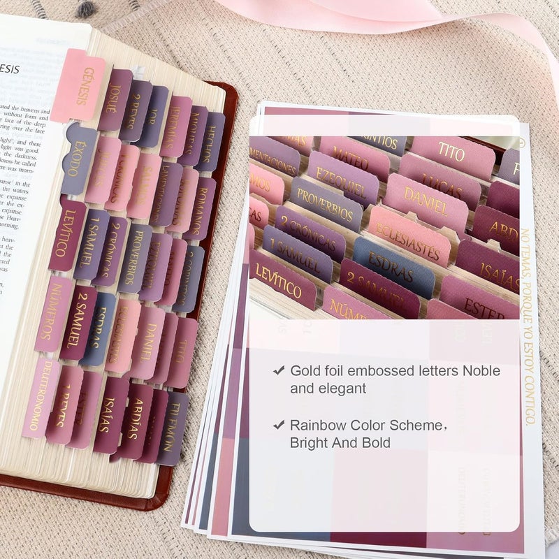 DOMMARE Spanish Bible Tabs for Women, Pestañas para Biblia En Español, Pink Purple Foil Embosse Waterproof Laminated Large Print Index Tabs Guide Kit, Baptism Christian Gifts for Men, 90 Pieces - Image 3